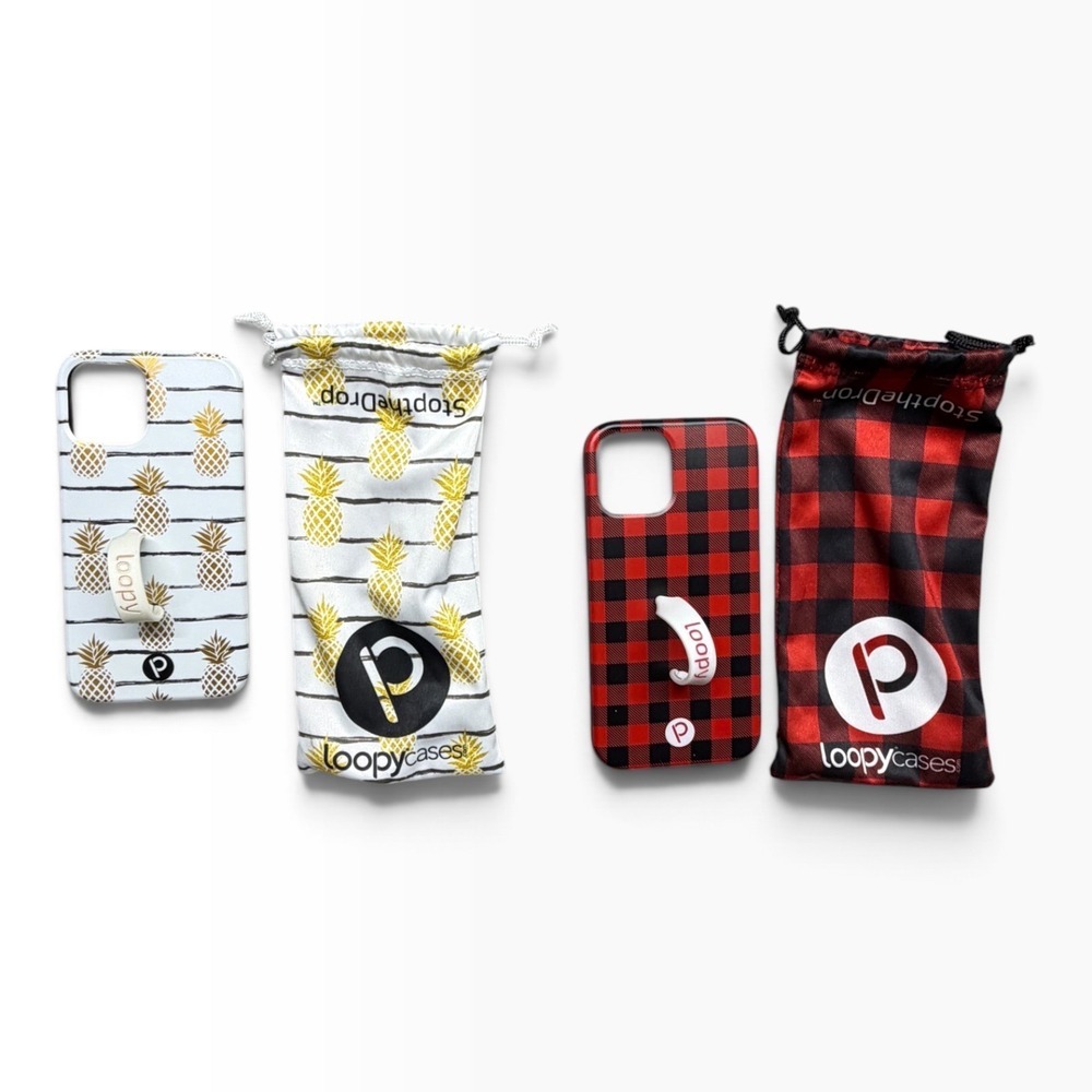 Loopy Cases iPhone 12 Bundle Red Buffalo Plaid Pineapple 2 Cases and Pouches